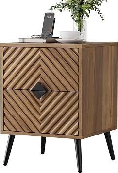 Nightstands, Walnut Night Stand with Diamond-Patterned Drawer Decor, Mid Century Modern Nightstand, Bedside Table with Diamond Handle, End Tables Bedroom with Metal Legs, Night Stand for Bedroom