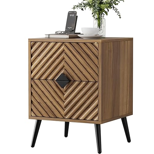 Nightstands, Walnut Night Stand with Diamond-Patterned Drawer Decor, Mid Century