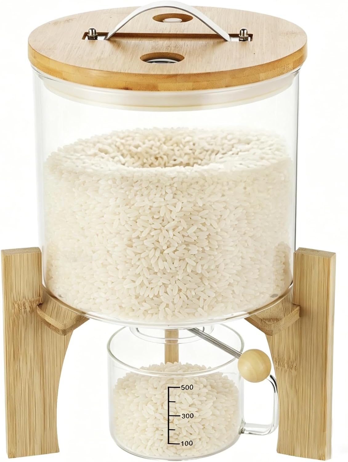 Rice Dispenser,5L/1.3 Gallon Glass Rice Storage Container,Airtight Food Storage Container for Grains with Wooden Lid, Spout, Measuring Cup & Wood Stand, Countertop Organizer for Kitchen Pantry