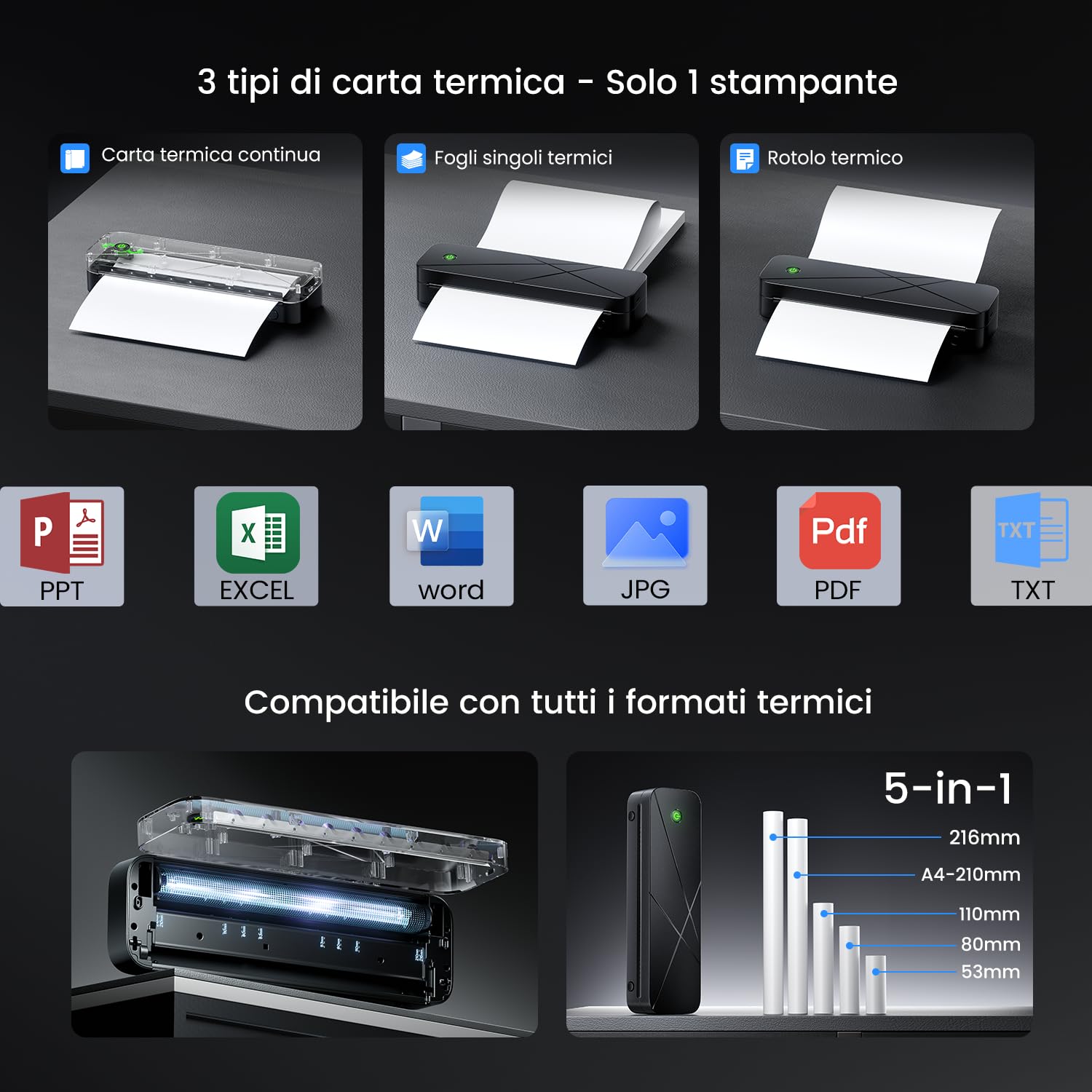 Stampante Portatile A4, Stampante Termica A4 Senza Inchiostro, Stampante Termica Portatile per Telefono & Laptop, Stampante Mobile Bluetooth per Auto/Casa/Ufficio, Compatibile con Carta Termica