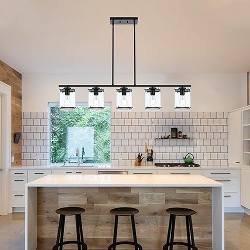 Miniatura 4 de MELUCEE Iluminación lineal de isla de cocina con pantallas rectangulares de vidrio transparente, 5 lámparas de araña para comedor, lámpara colgante