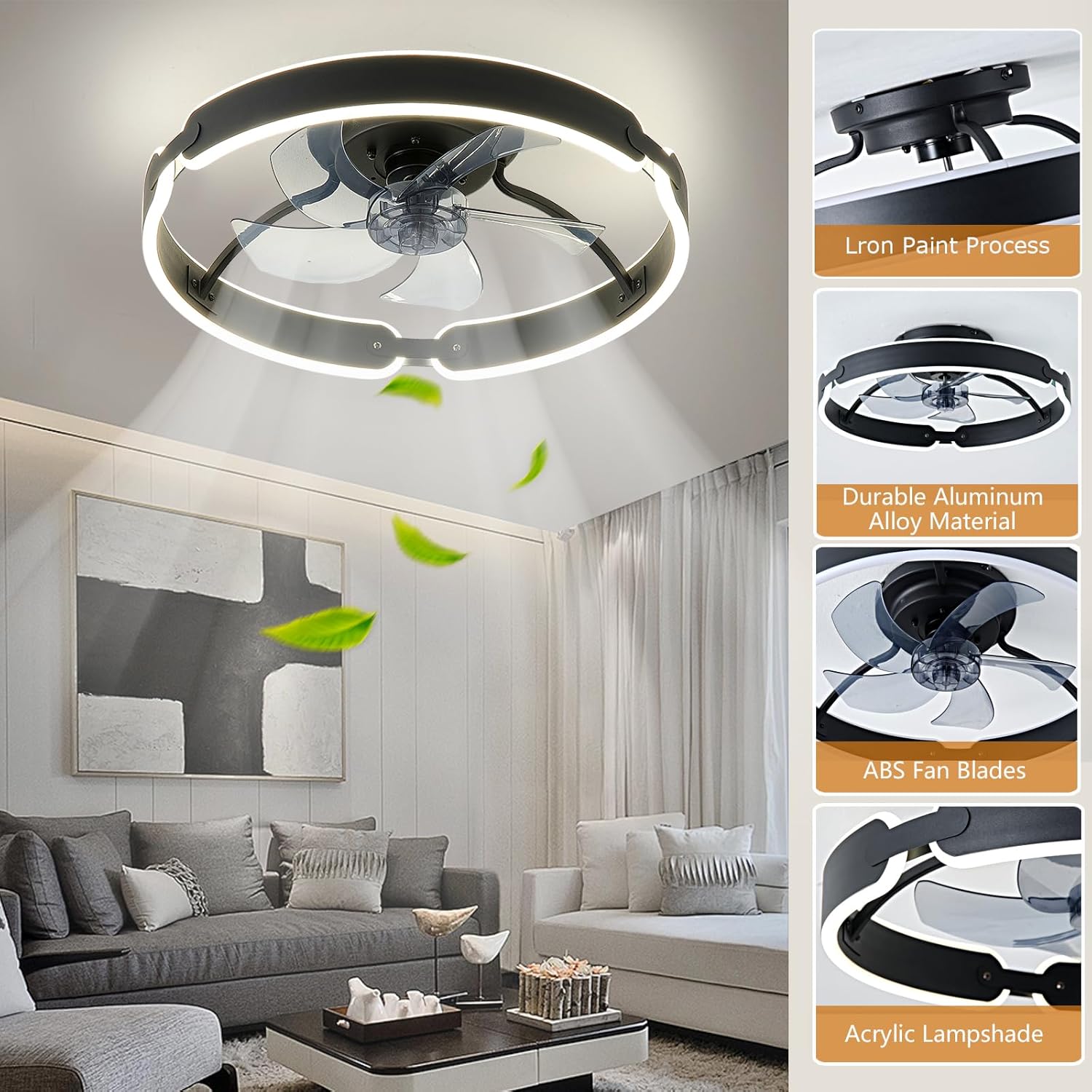 Ventiladores de techo con luz y control remoto, ventilador de techo bajo perfil de 20", luz LED de techo empotrada moderna regulable de 3000-6000K, 6 velocidades, ventiladores de - imagen 6