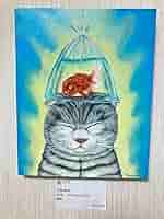 「夏バテ」 新人画家　大塚麻世  ねこ 錆猫　ランチュウ　絵画　油絵　油彩　動物 夏バテ」 新人画家 大塚麻世 ねこ 錆猫 ランチュウ 絵画 油絵