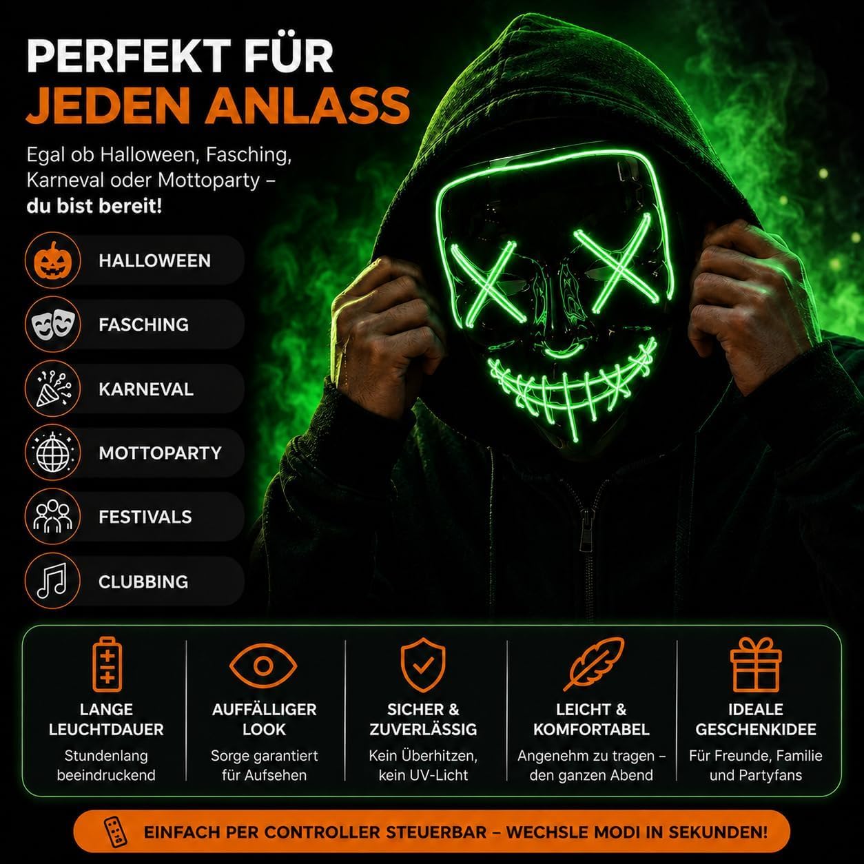TK Gruppe Timo Klingler LED Grusel grün Maske - wie aus Purge steuerbar, leuchtend für Halloween… – Ansicht 2