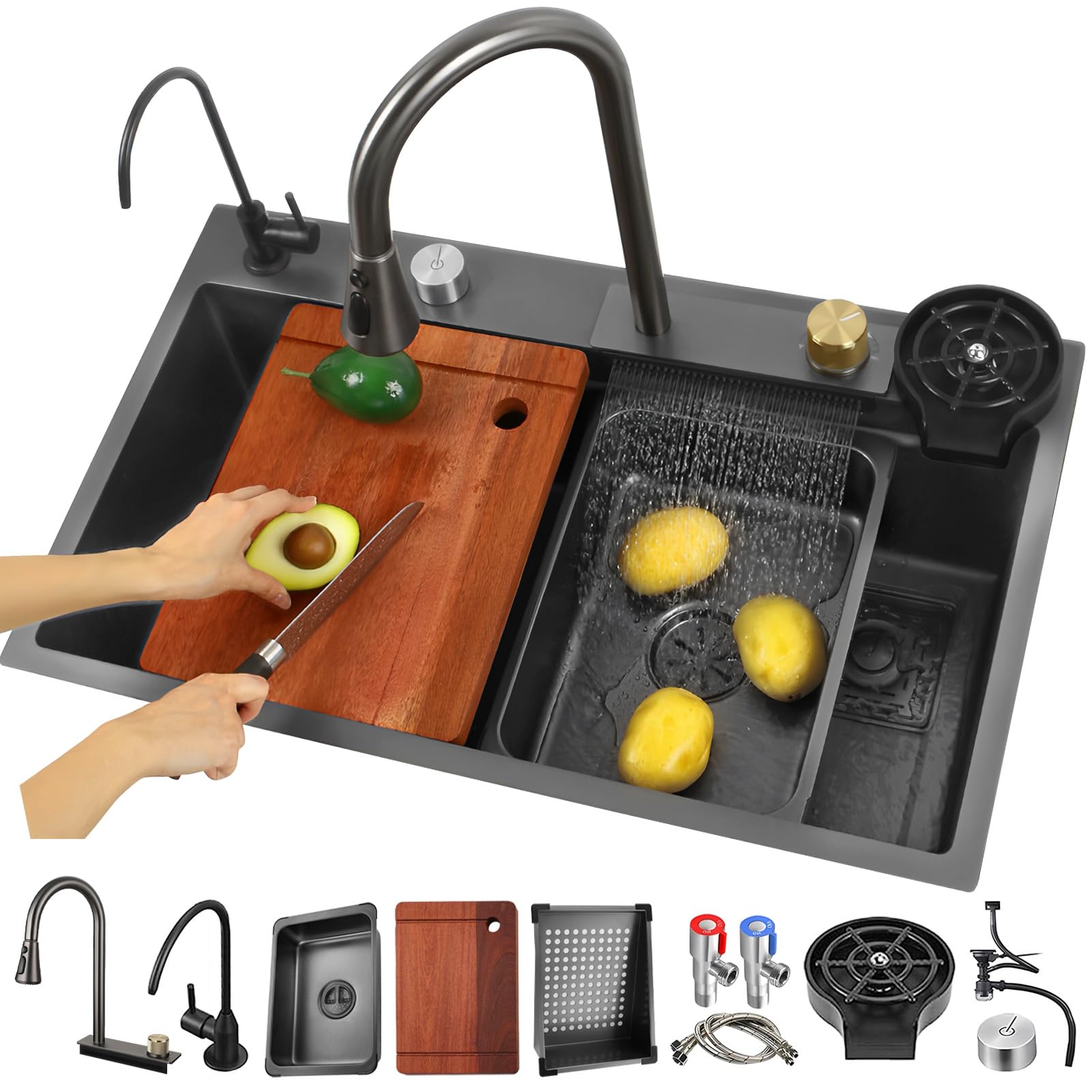 HYSOPSPX Large Single Bowl Workstation Sink,Stainless Steel Waterfall Sink,Multifunctional Kitchen, Integrated Faucet,Temperature-Controlled(Black,80x50cm)