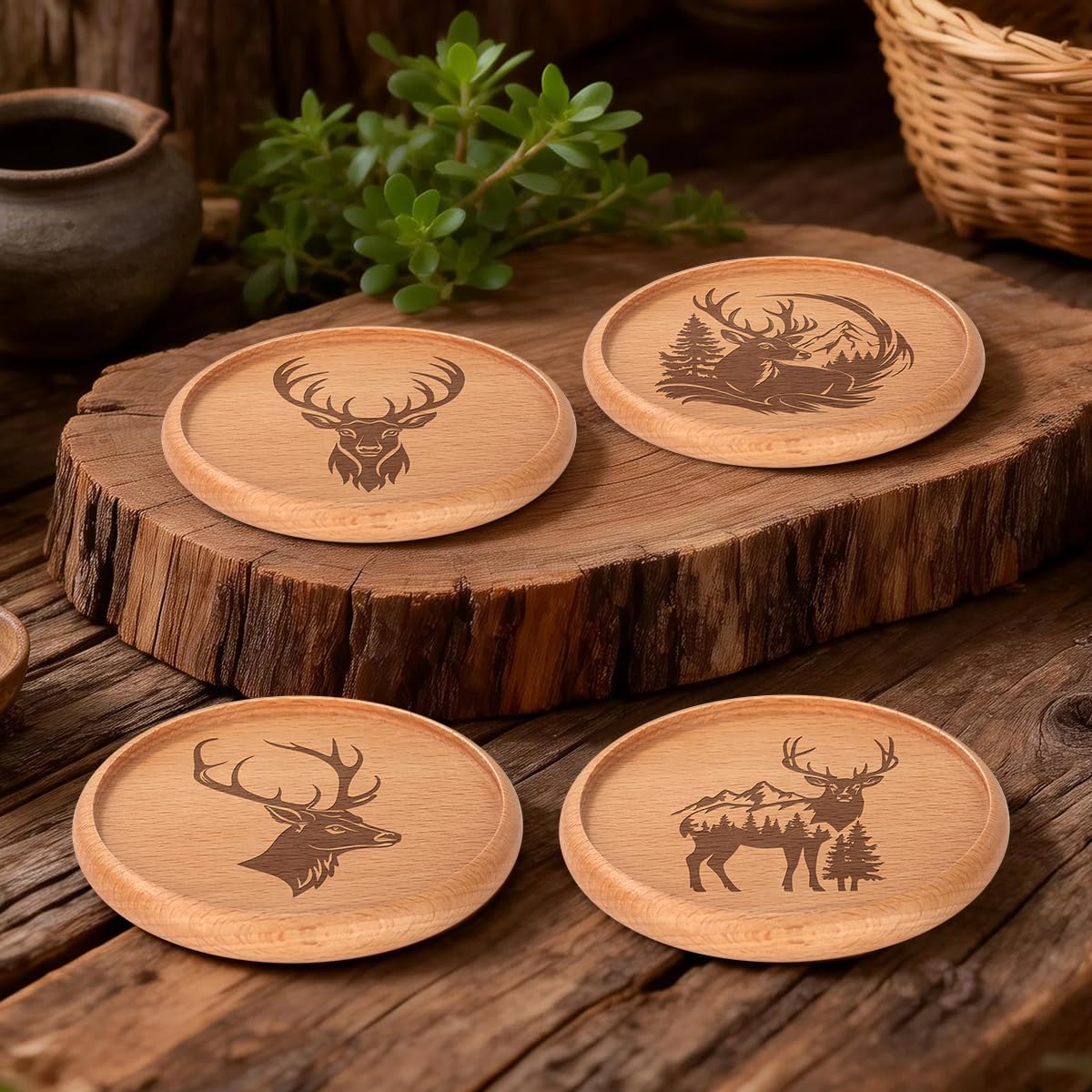Wooden Stag Coasters Set of 4 with Holder, Rustic Wood Cup Mat with Lip — image 1