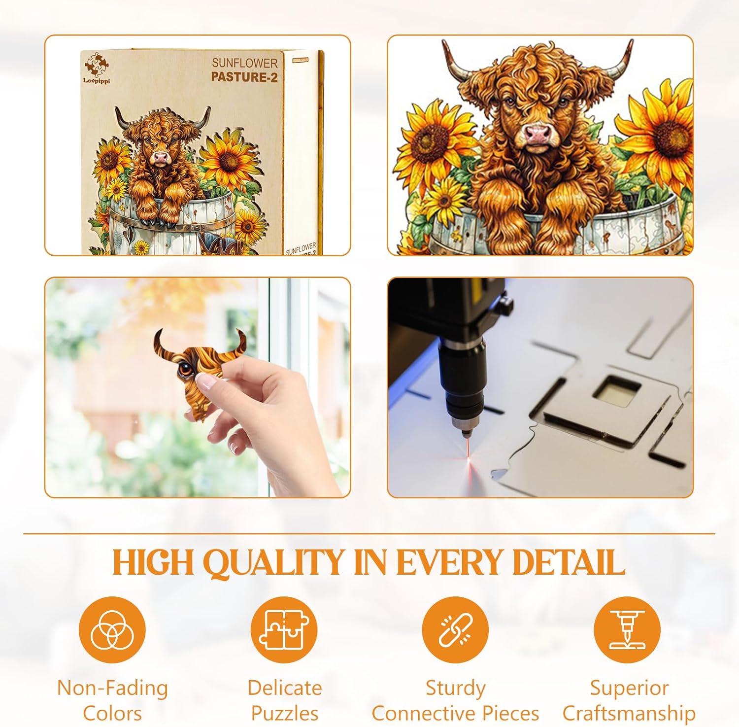 Wooden Puzzles for Adults, Sunflower Pasture Wood Puzzles Adult, Unique Animal Shaped Wooden Jigsaw Puzzle, Creative Birthday Gifts for Friends/Family/Puzzle Lovers, Home Decor(M-11.4 * 10.4in 195pcs)
