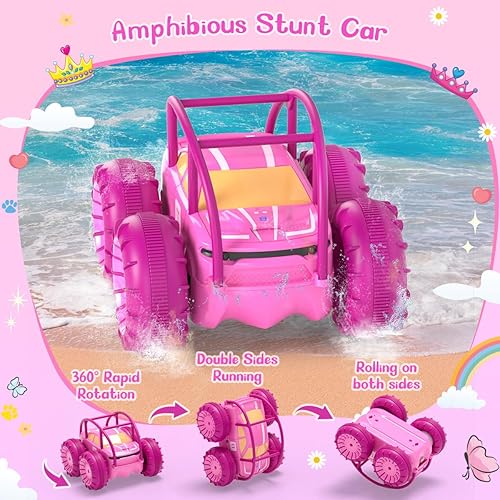 Miniatura 5 de MaxTronic Auto de control remoto anfibio, juguete recargable de autos RC de 360, rotación de acrobacias, 15 KMH 4WD todo terreno, juguete para