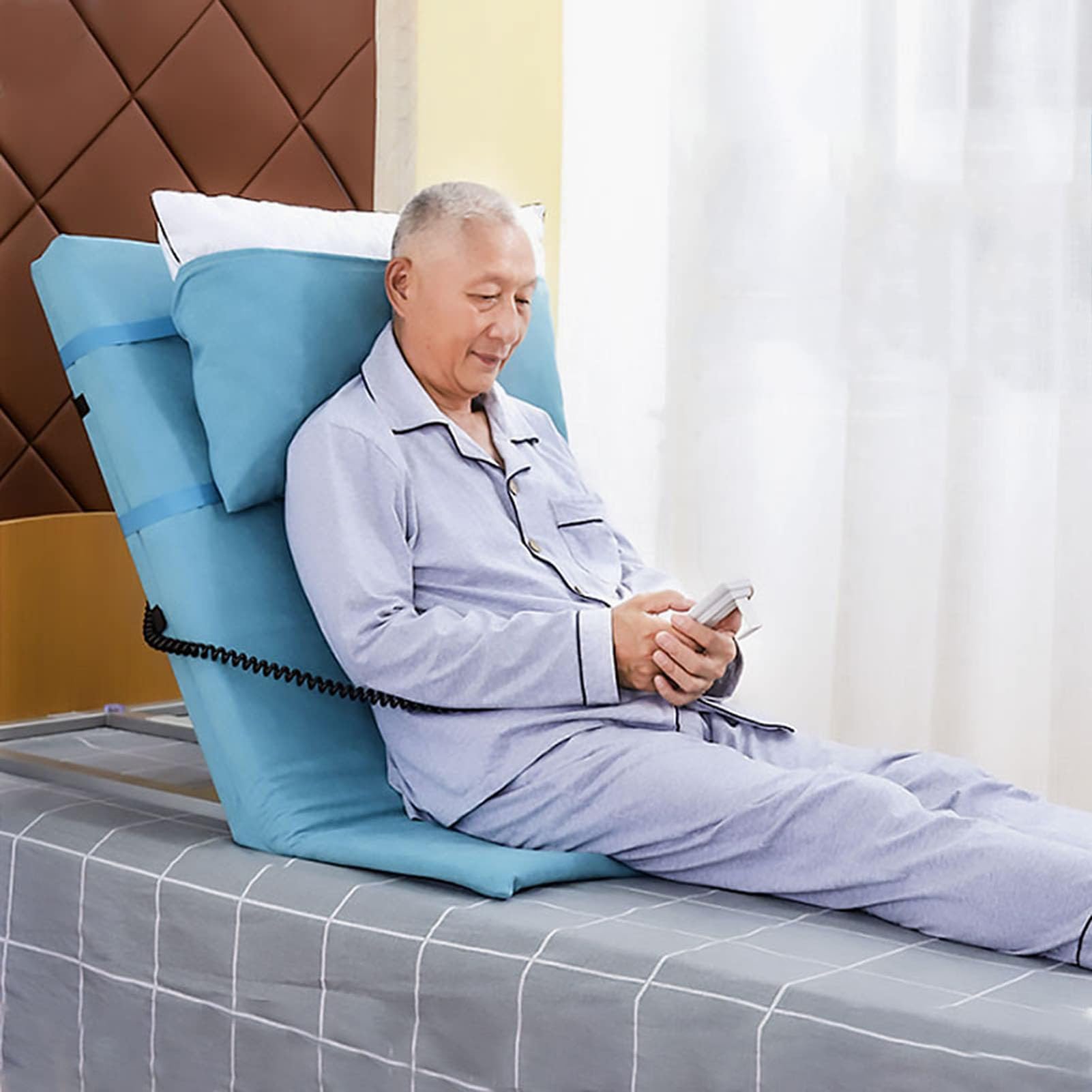 Respaldo de cama de levantamiento de potencia con almohada, soporte eléctrico ajustable para la recuperación después de la cirugía, capacidad de carga de 135 kg, color azul