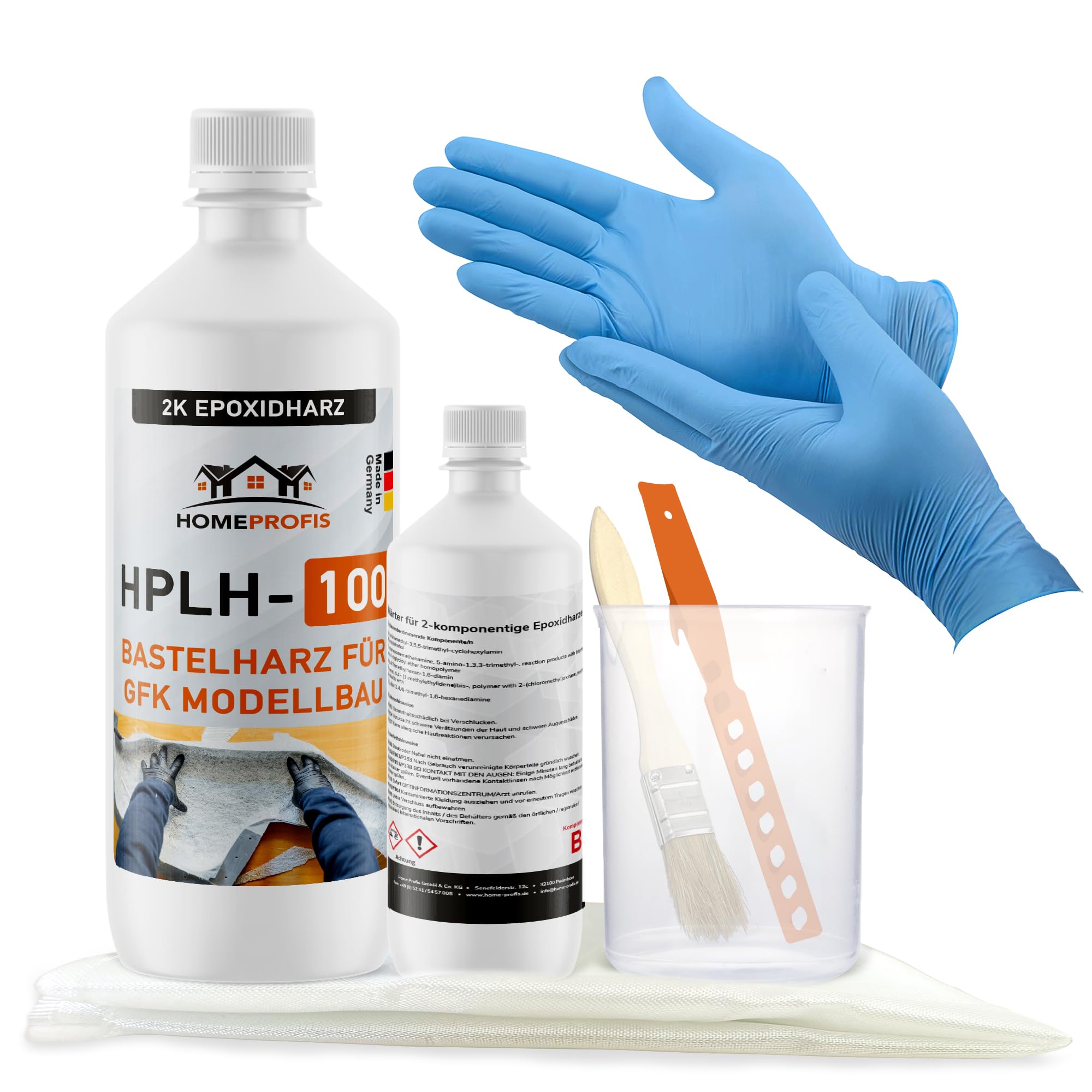 Home Profis® HPLH-100 glasklares 2K Epoxidharz (900g) inkl. 1m² GFK Glasfasermatte (300g/m²) & Werkzeug | Formbau, Reparatur und Ausbesserung, Bootsbau, Fahrzeugbau