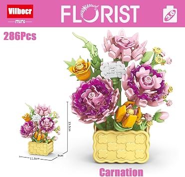 Vilbocr Mini Flower Bouquet Building Sets,Creative DIY Tiny Plants Succulent Toys Flower Bonsai Building Unique Decoration Home,for Girls Boys Adults Kids Ages Birthday Gift (Carnation)