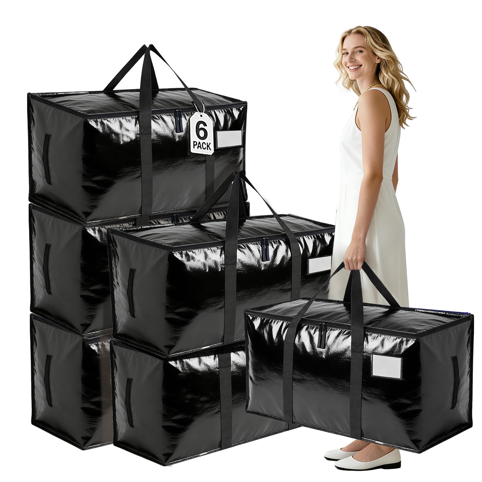 Large Moving Boxes and Storage Bags - 6 Pack 92L Heavy Duty Extra Large Moving Bags with Reinforced Bottom, Dual Zips & Clear Window for Decoration, Bedding & Clothes Storage, Black