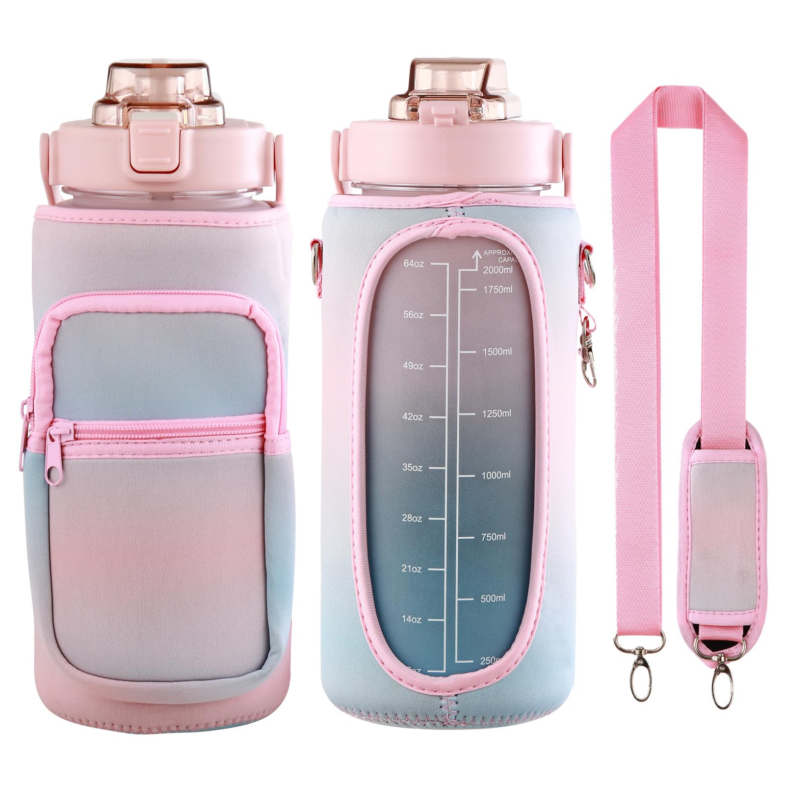 1,8 l Wasserflasche mit Hülle und Riemen, 1,8 l, motivierende Wasserflaschen mit Strohhalm, große breite Öffnung, Wasserkrug mit Zeitmarkierung für Fitness, Fitnessstudio und Outdoor-Sportarten,