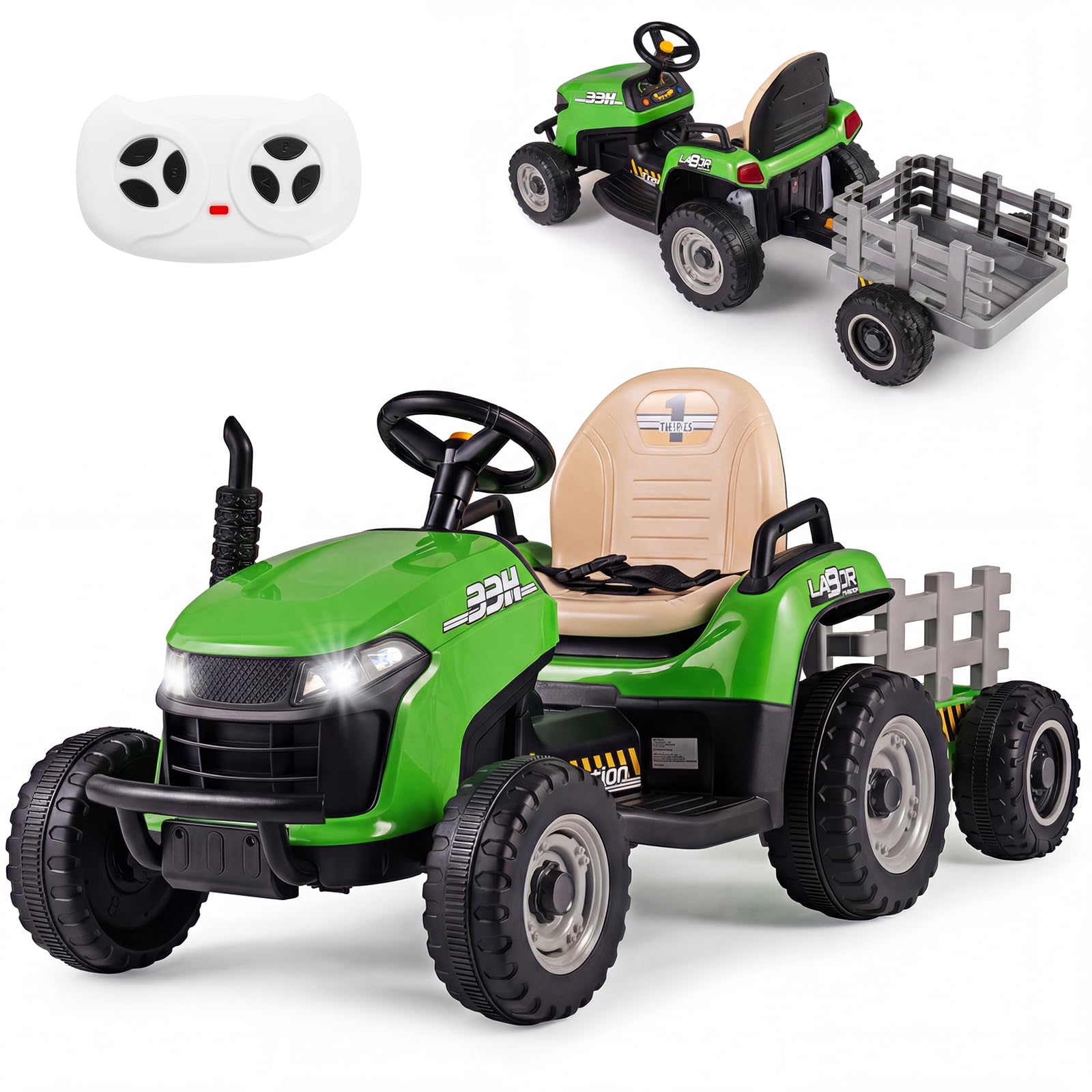 COSTWAY 24V Tracteur Électrique Enfant avec Remorque Amovible et Basculante, Voiture Électrique avec Télécommande 2,4G & Phares LED, Musique, 3,2-7 km/h, Démarrage Lent, Charge 30 kg, 3 Ans+ (Vert)