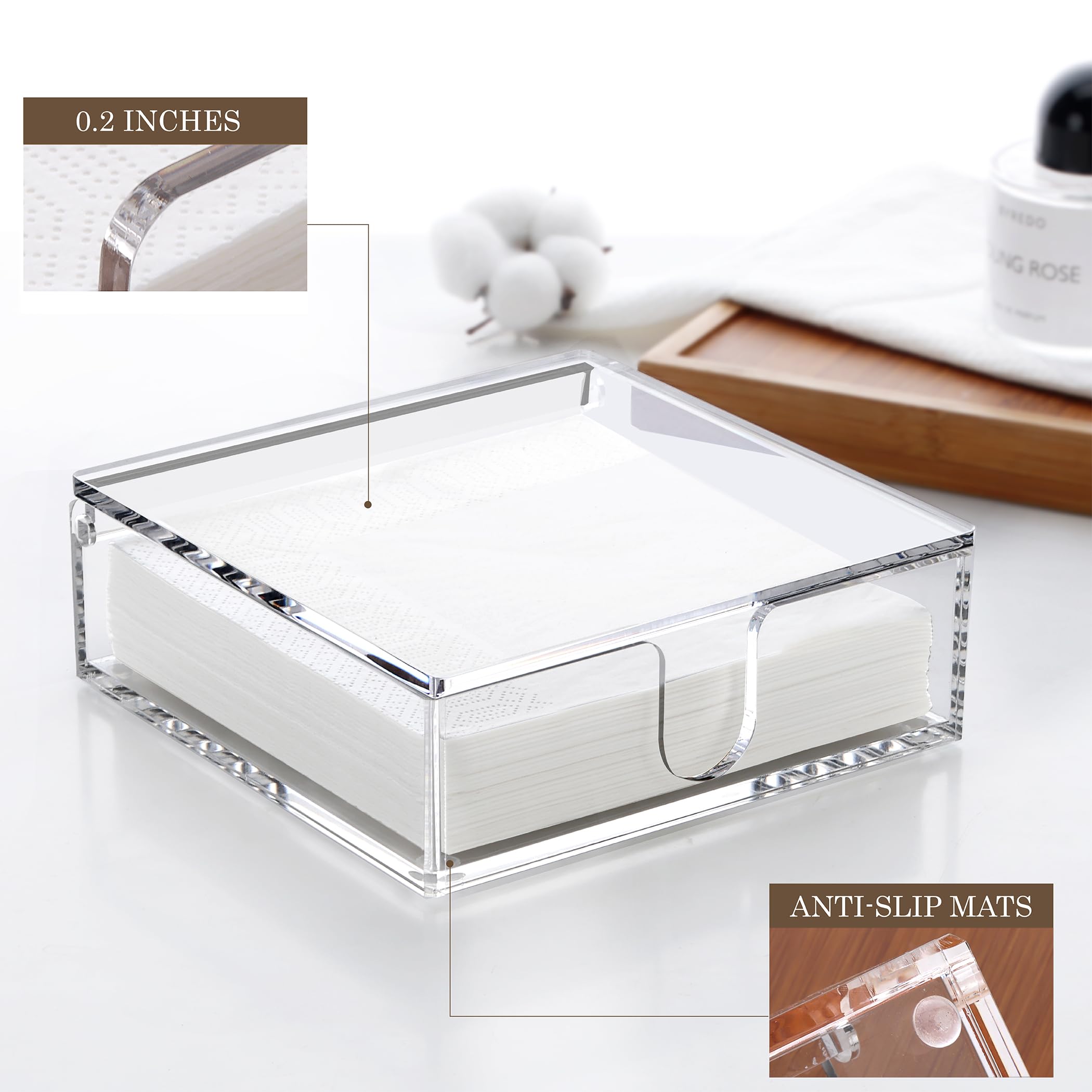 DINGHUO Servilletero de acrílico, dispensador plano de servilletas de almuerzo con tapa, organizador de servilletas de papel impermeable con tapa abatible transparente para mesa, cocina, interior y