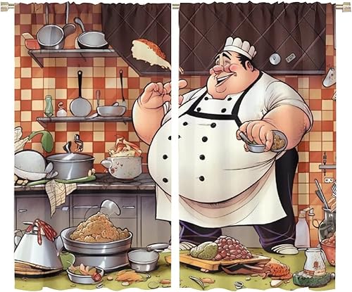 Miniatura 40 de Cortina de decoración de cocina de chef, retro gourmet de dibujos animados, chef gordo de cocina, patrón de comida gourmet, decoración del hogar,