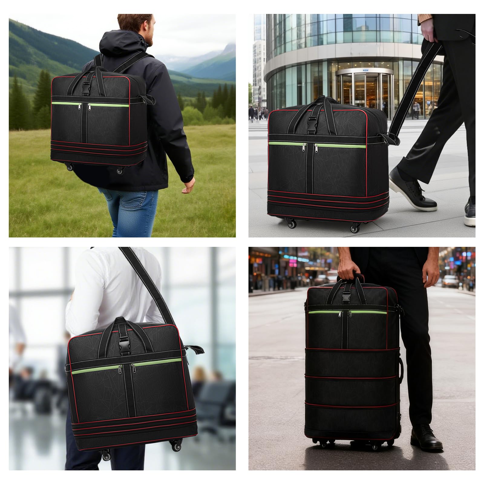 Faltbare Reisetasche, groß, erweiterbar, Roll-Reisetasche mit Rollen, wasserdicht, zusammenklappbar, Handgepäcktasche mit Rollen und Griff, Schwarz