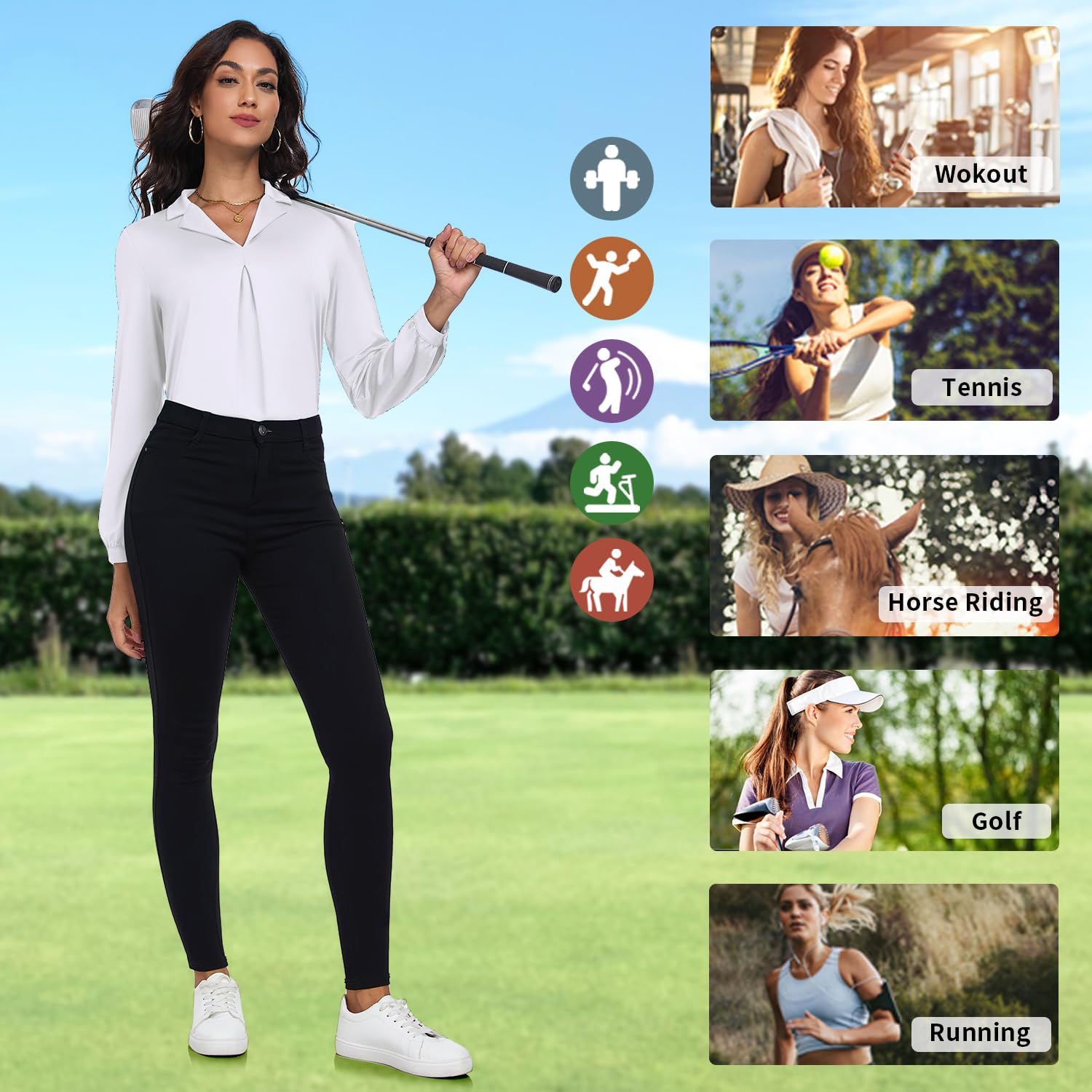 Soneven Camicia da donna a maniche lunghe, elegante, con scollo a V, da golf, da lavoro, casual, a tunica