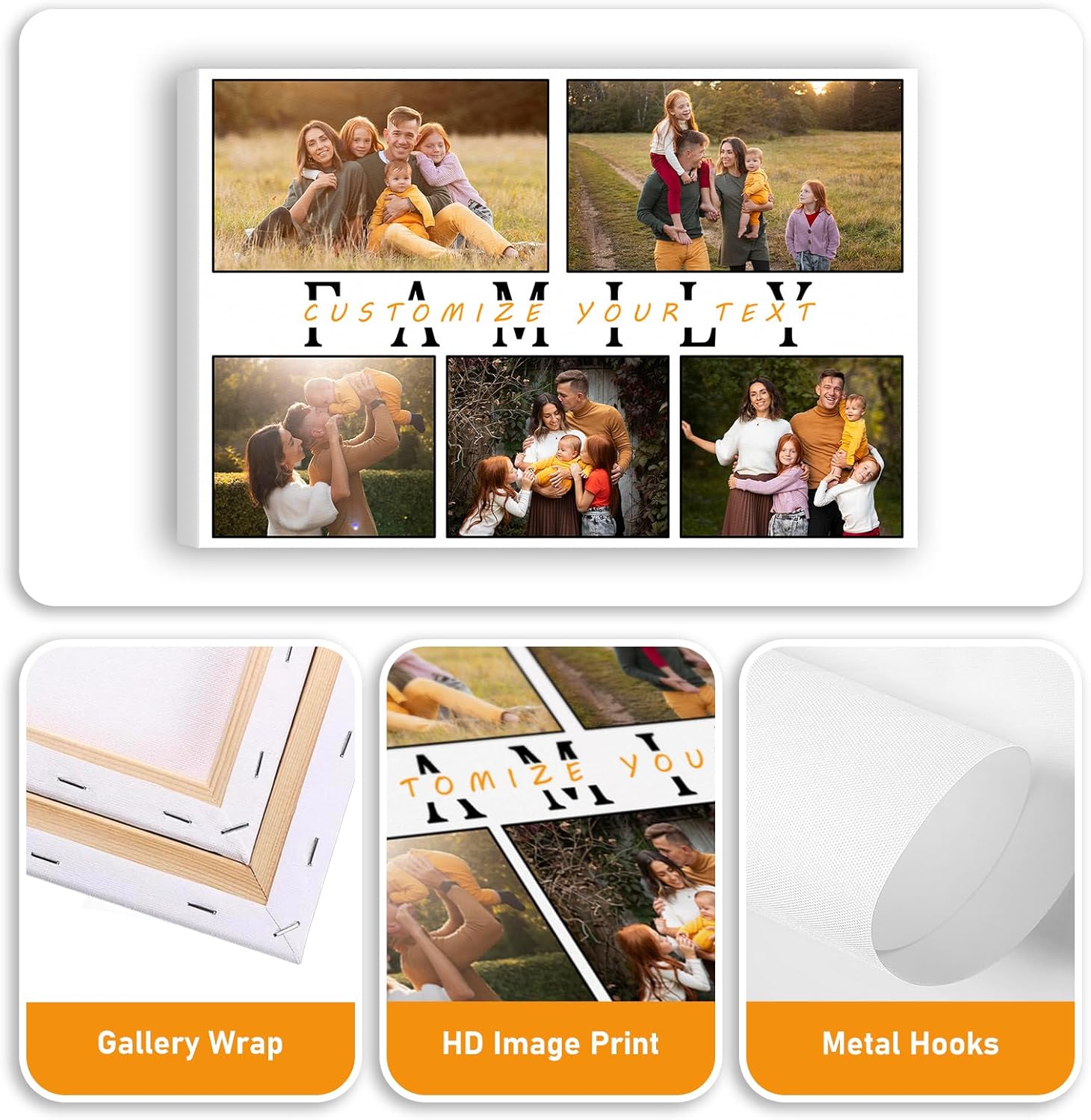 xzartdiy Custom Picture Canvas Prints with Your Photos, 5 Collage Images Print, Personalized Wall Art for Family Home Office Wedding Decor, Customized Gifts for Father’s & Mother’s Day 24x16’’