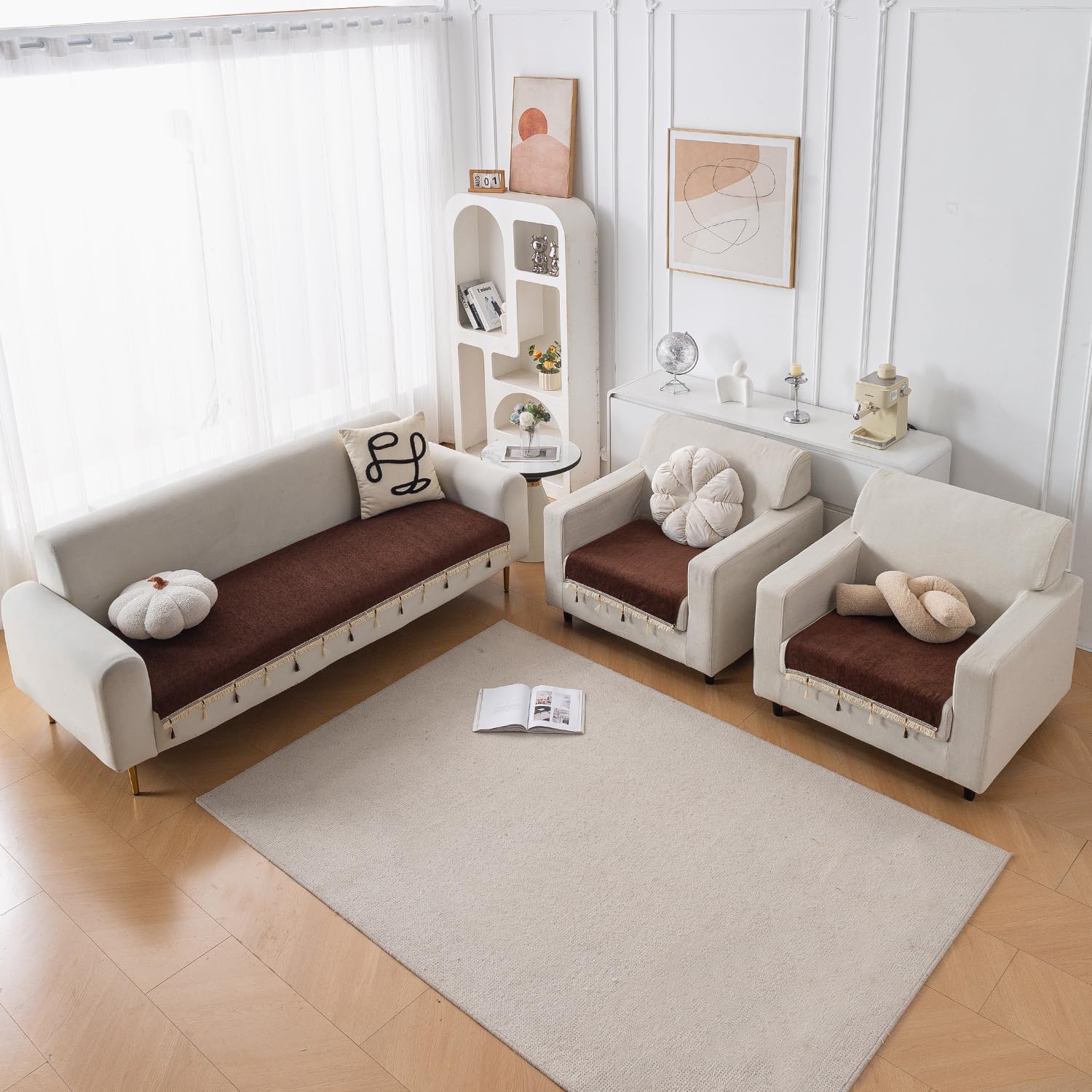 HOKIPO 'Serenity Tassel' Chenille Sofa Cover 5 Seater Set with Tassels – Washable 3+1+1 Sofa Cover Mat | Chestnut Luke (IN-890 * 2 + IN-892 - BR)-image-43