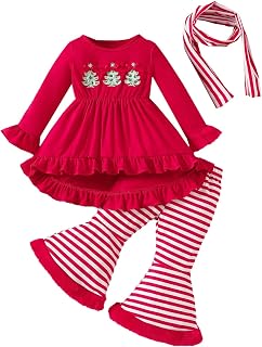 Niñas de Navidad de manga larga con volantes camiseta tops rayas pantalones bufanda niños trajes