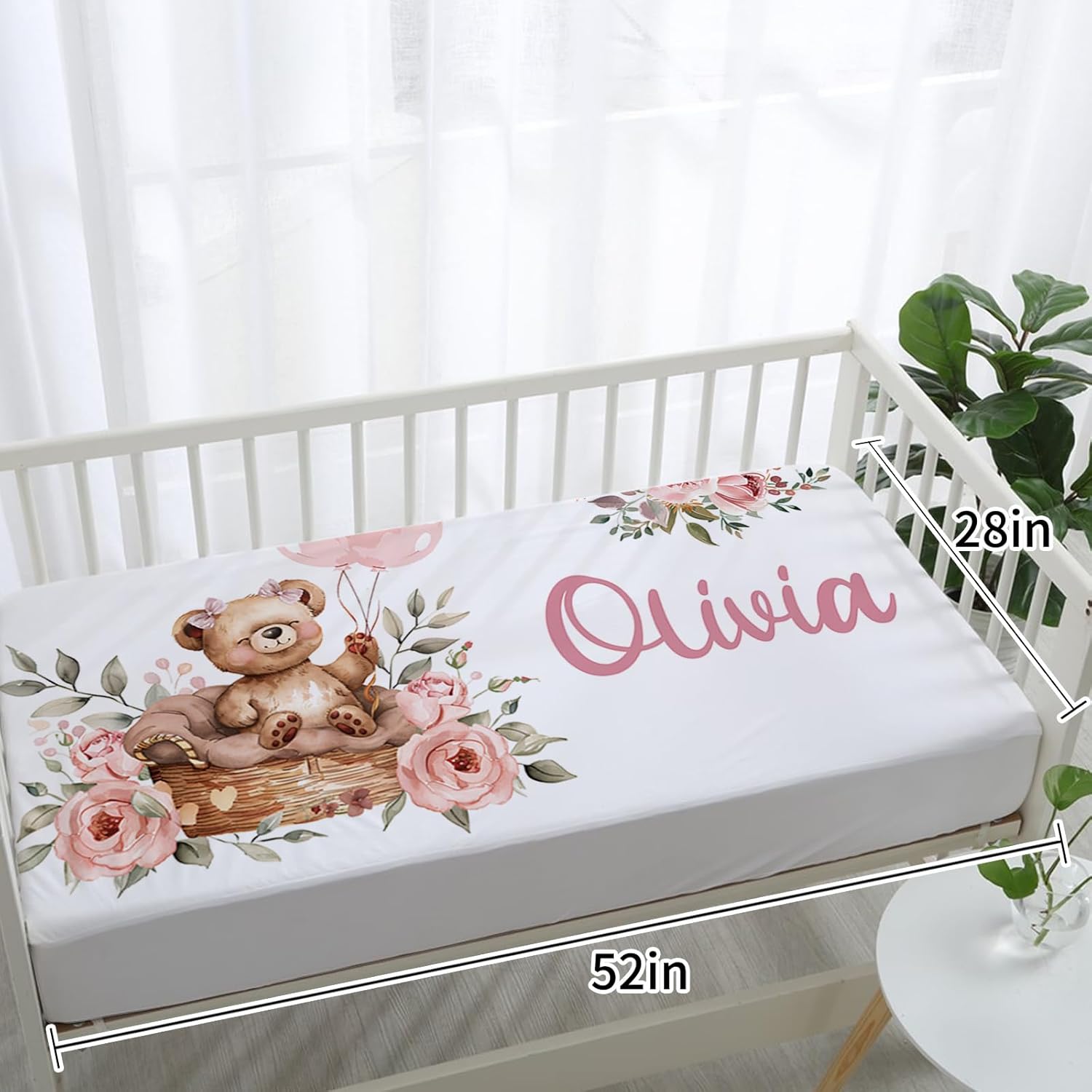 Custom Baby Crib Bedding Set, Personalized Name Pink Bear Design Crib Set 3 Pcs, Soft Double Layer Blanket, Crib Sheet & Room Rug, Ideal Nursery Decor Gift for Baby Girls Boys