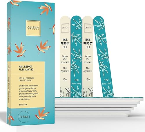 Onsen Secret Japanese Nail Lima – Paquete de 10 limas de uñas profesionales, limas de uñas naturales y acrílicas de doble cara – Grano 120/180 –