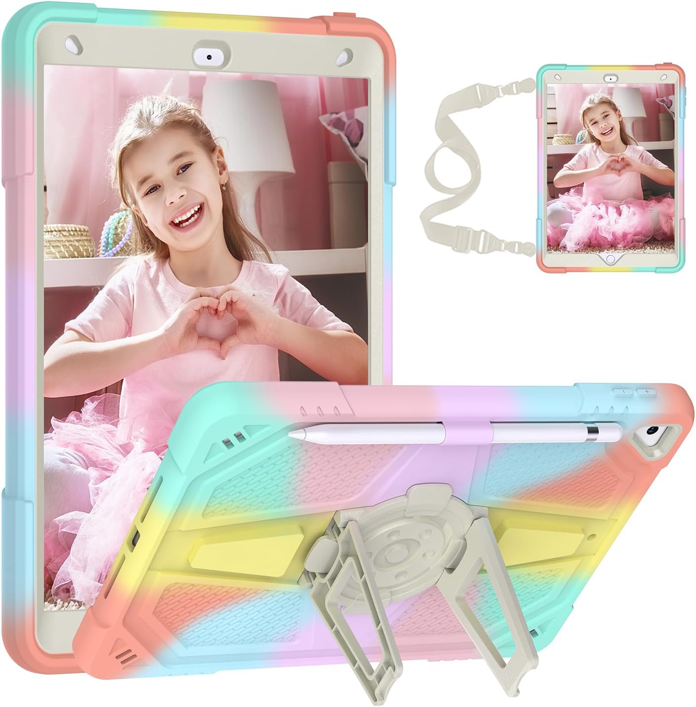 Funda para iPad de 9 generación, iPad de 87 generación con soporte para lápiz y soporte, correa para el hombro, funda protectora duradera a prueba