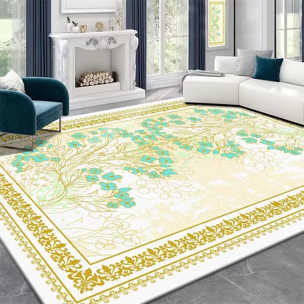 Tapis entrée maison extérieur sous abri anti-salissure motif floral bleu de 100x160cm
