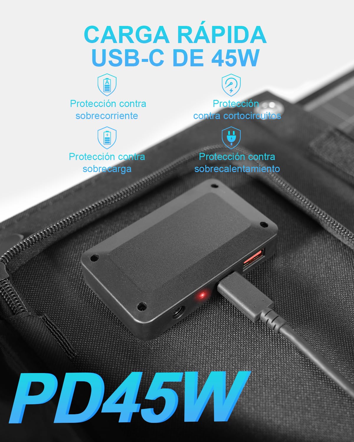 60W Cargador Solar Portátil, Placa Solar Plegable con 3 Puertos (PD45W USB-C/QC3.0 USB-A/18V CC), Panel Solar con IPX5 Impermeable para Móviles, Tablets, Estación de Energía, Acampar al Aire Libre