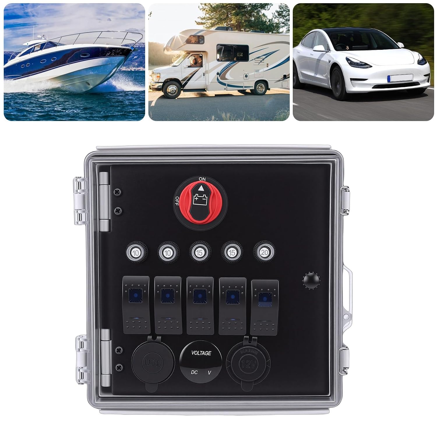 FTVOGUE Rocker Switch, 5 Gang Switch Panel with Voltmeter USB Charger Cigar Lighter for Truck RV ATV Marine Outdoor Camping