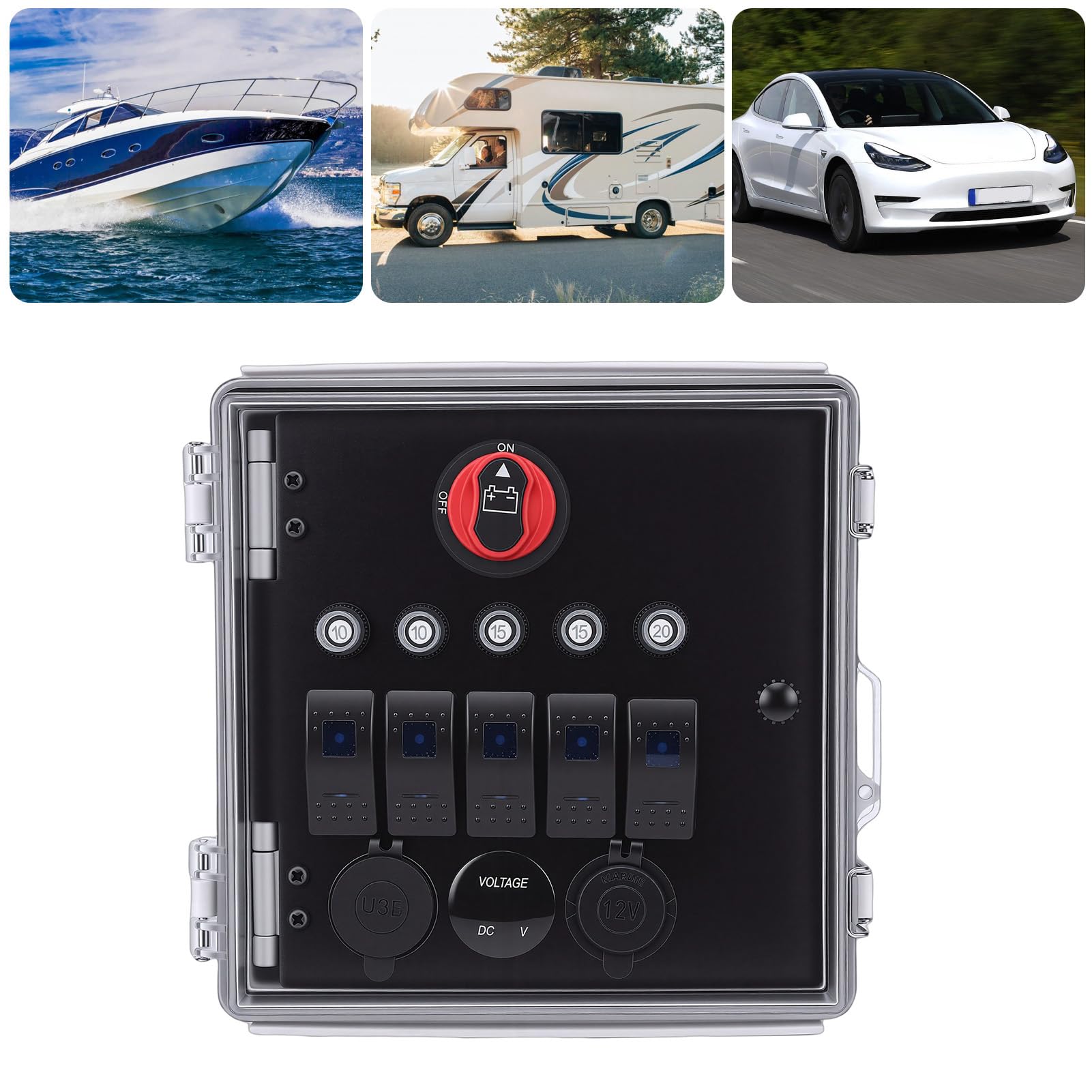 Schalterfeld 5-fach mit USB Ladegerät und Voltmeter, wasserdichte Schaltbox IP67, 3-Positions Kippschalter mit LED Anzeige für LKW Wohnmobil Boot Outdoor Camping
