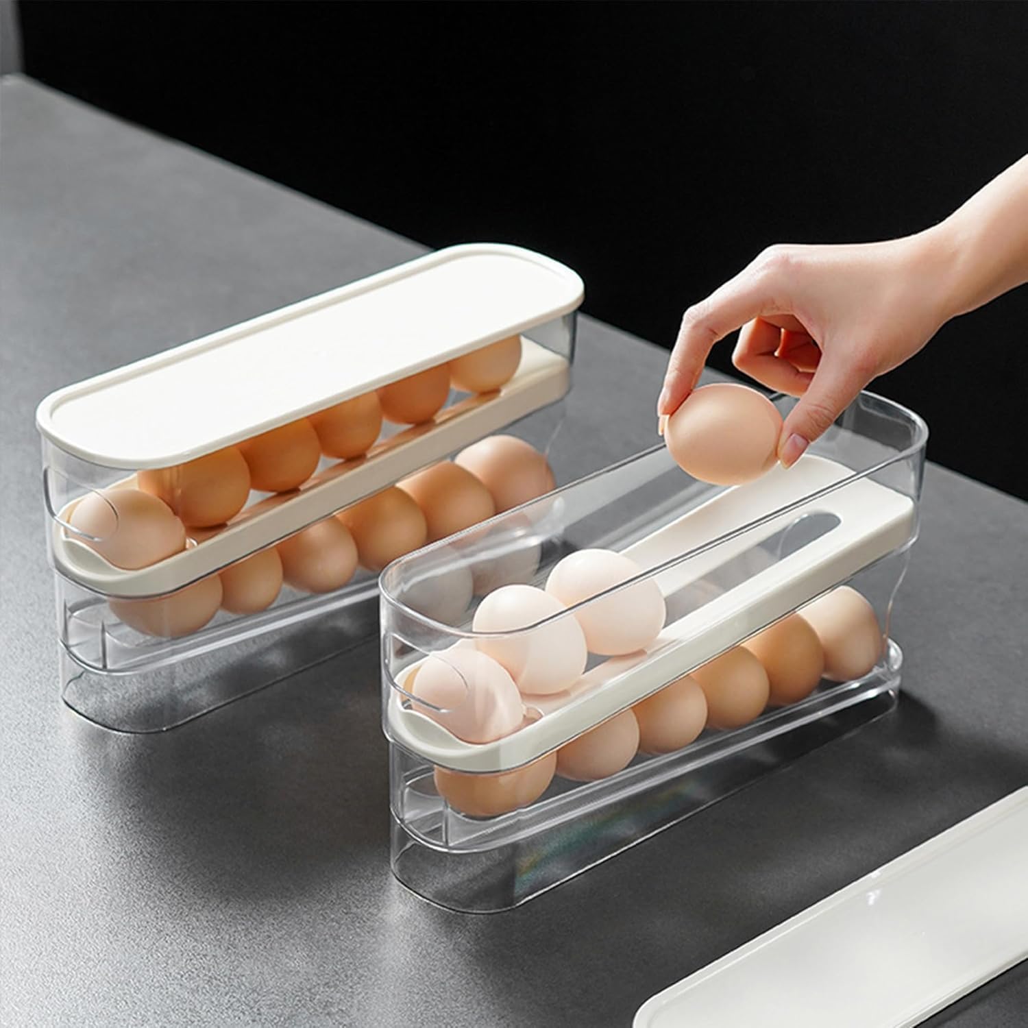 Vnockd Automatic Rolling Egg Holder Rack Kitchen Refrigerator Egg Dispenser Fridge Organizer Eggs Storage Box Container 2 Layers Plastic Egg Holder with Tray, White