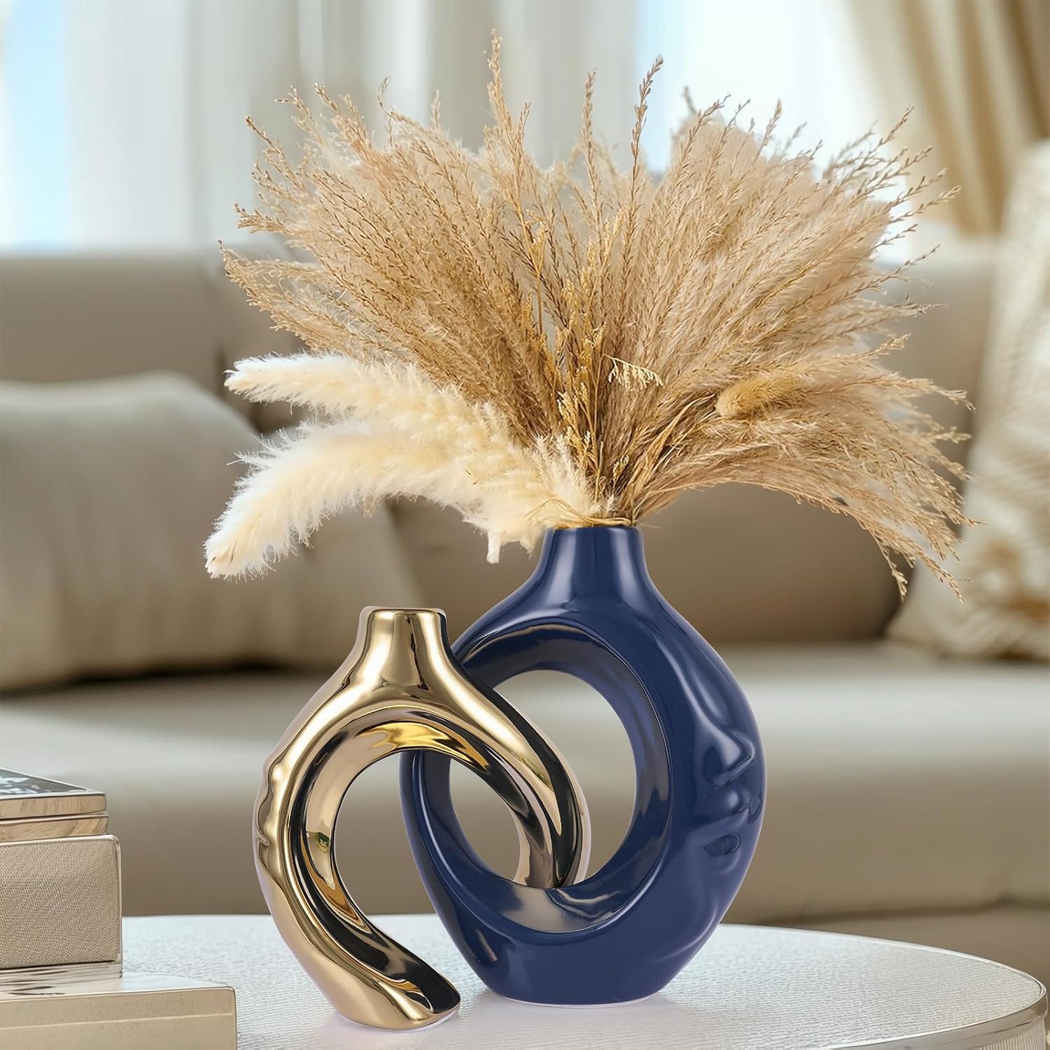 Navy Blue Gold Ceramic Vase Set of 2 for Modern Home Decor,Round Boho Vase for Pampas Grass,Neutral Minimalist Statue for Dining Room Table Centerpiece Dining Room,Wedding Table Decoration