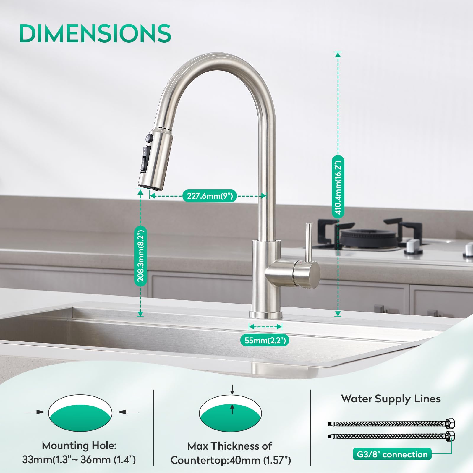CREA 3 Wege Küchenarmatur mit Brause, Drei Wege Wasserhahn Küche Ausziehbar, 360° Drehbar 3 Wege Mischbatterie, Einhand Trinkwasserhahn, 3 in 1 Spültischarmatur, 3 Wege Armatur,Edelstahl Gebürstet