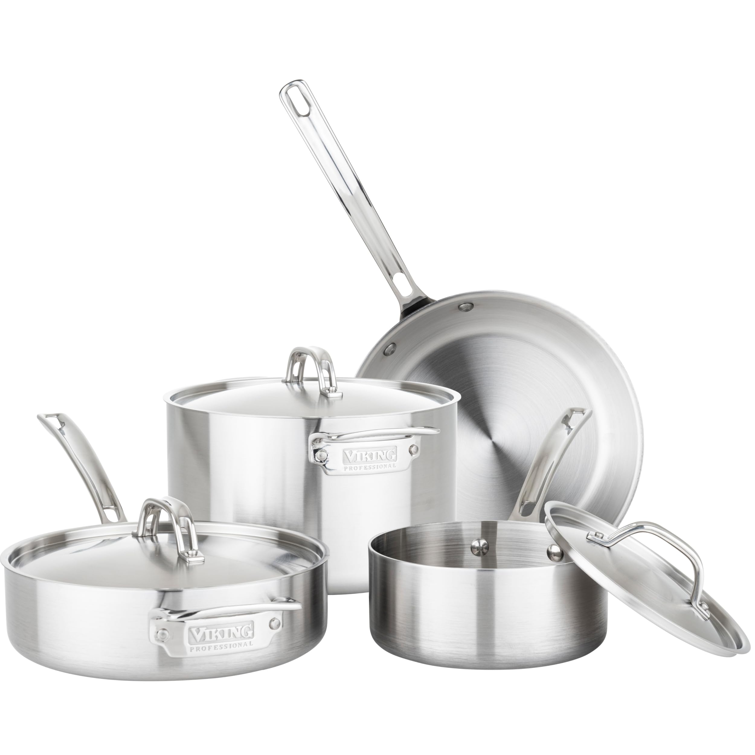 Viking 5-Ply Pots and Pans Set, 7 Piece Stainless Steel Kitchen Cookware, Silver