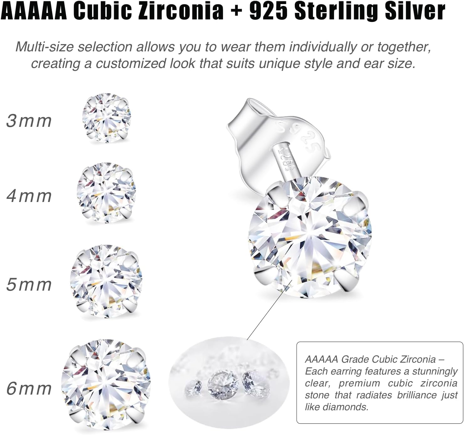 925 Sterling Silver Earrings for Women, Small Stud Earrings 2mm 3mm 4mm 5mm 6mm AAAAA Cubic Zirconia, Multiple Piercing Jewelry - Image 2