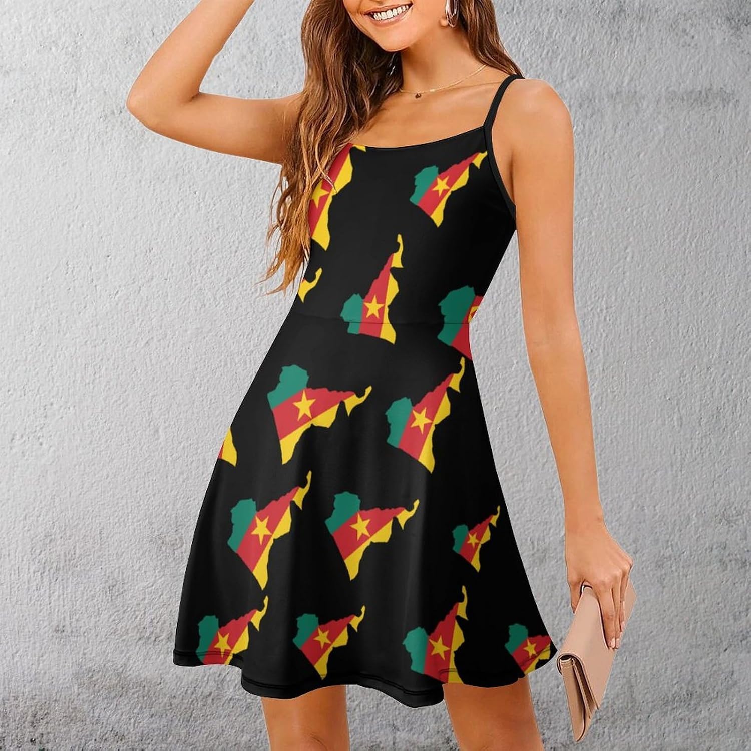 Cameroon Map with Flag Short Cami Dress for Women Adjustable Spaghetti Strap Flowy Sundress Beach Vacation