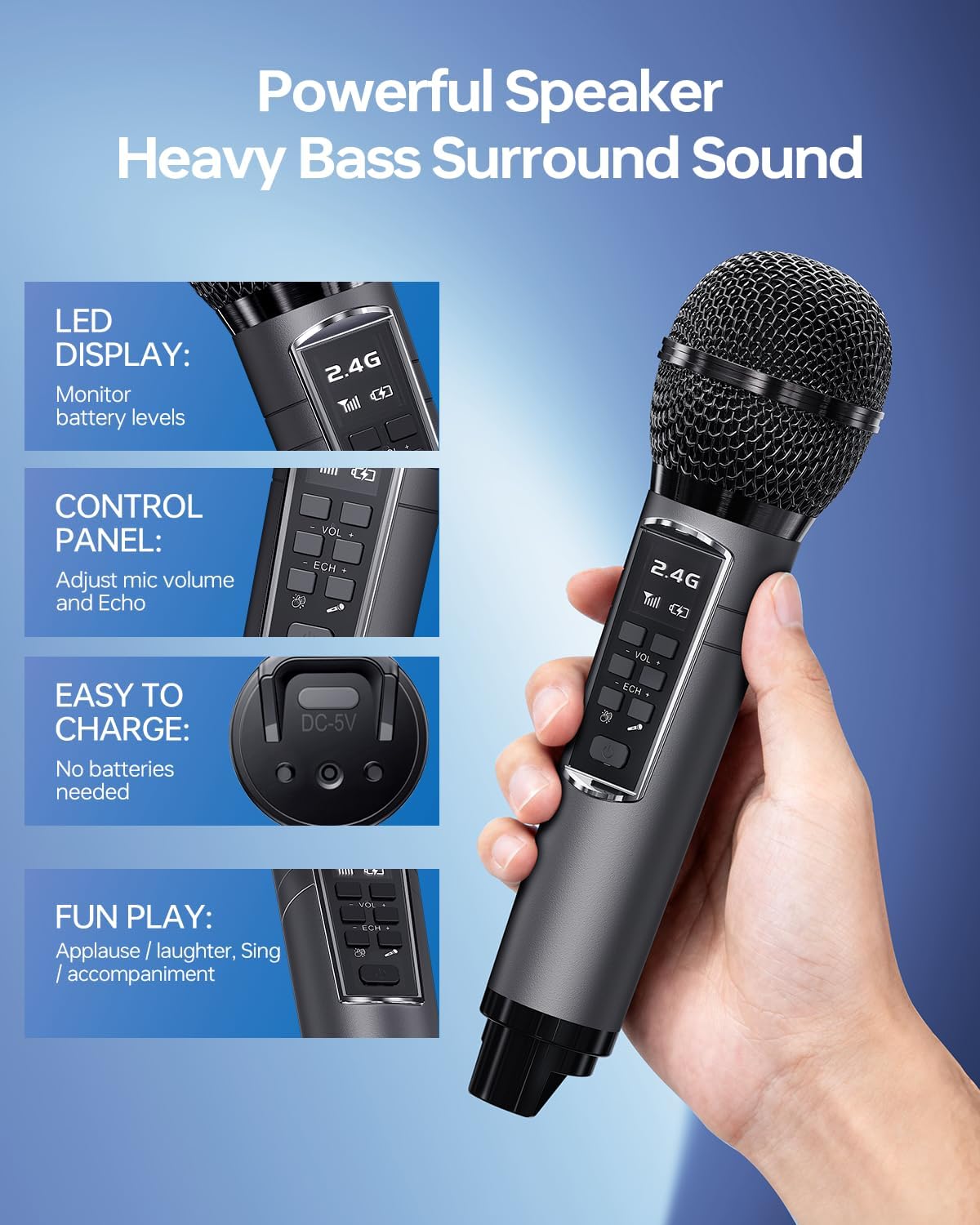 Bluetooth Karaoke Machine for Adults & Kids, 80W Portable Speaker with 2 Wireless Microphones, Echo Adjustment, Support USB/AUX/TF Card, for Outdoor/Indoor Gathering Gifts (Gray) - Image 3