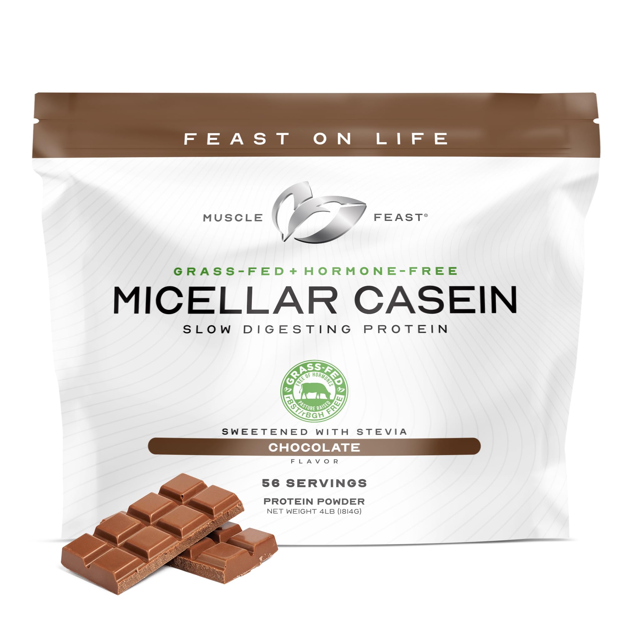 Proteína de caseína micelar en polvo Muscle Feast, alimentada con pasto y sin hormonas, de digestión lenta, que favorece la recuperación muscular nocturna, sin gluten, chocolate, 1.8 kg