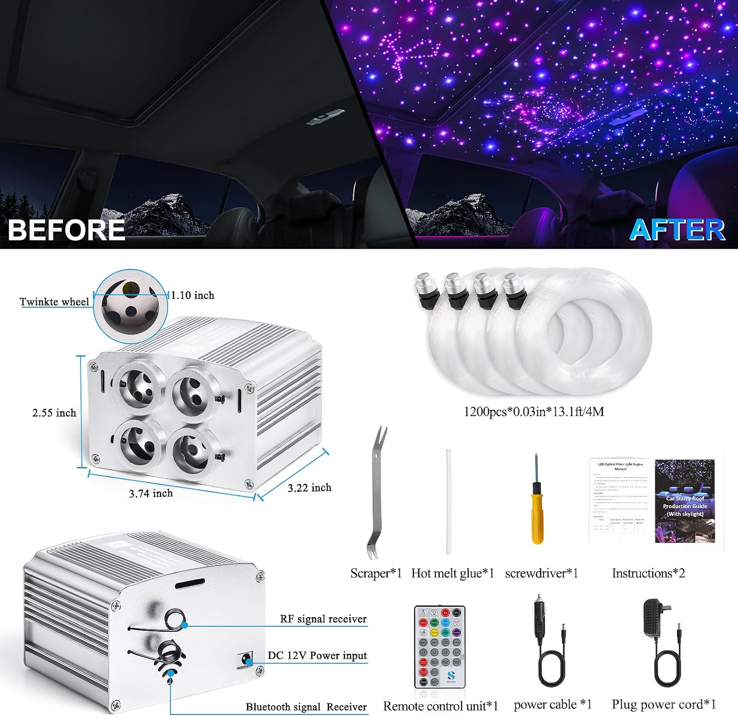 4 Colors 32W Twinkle Car Starlight Headliner Kit 1200pcs*0.03in*13.1ft with APP&RF Remote,RGBW Fiber Optic Strands Star Roof Lights,4 Port Engine Sound Activated Ceiling Star Lights for Home/Car Decor image 3
