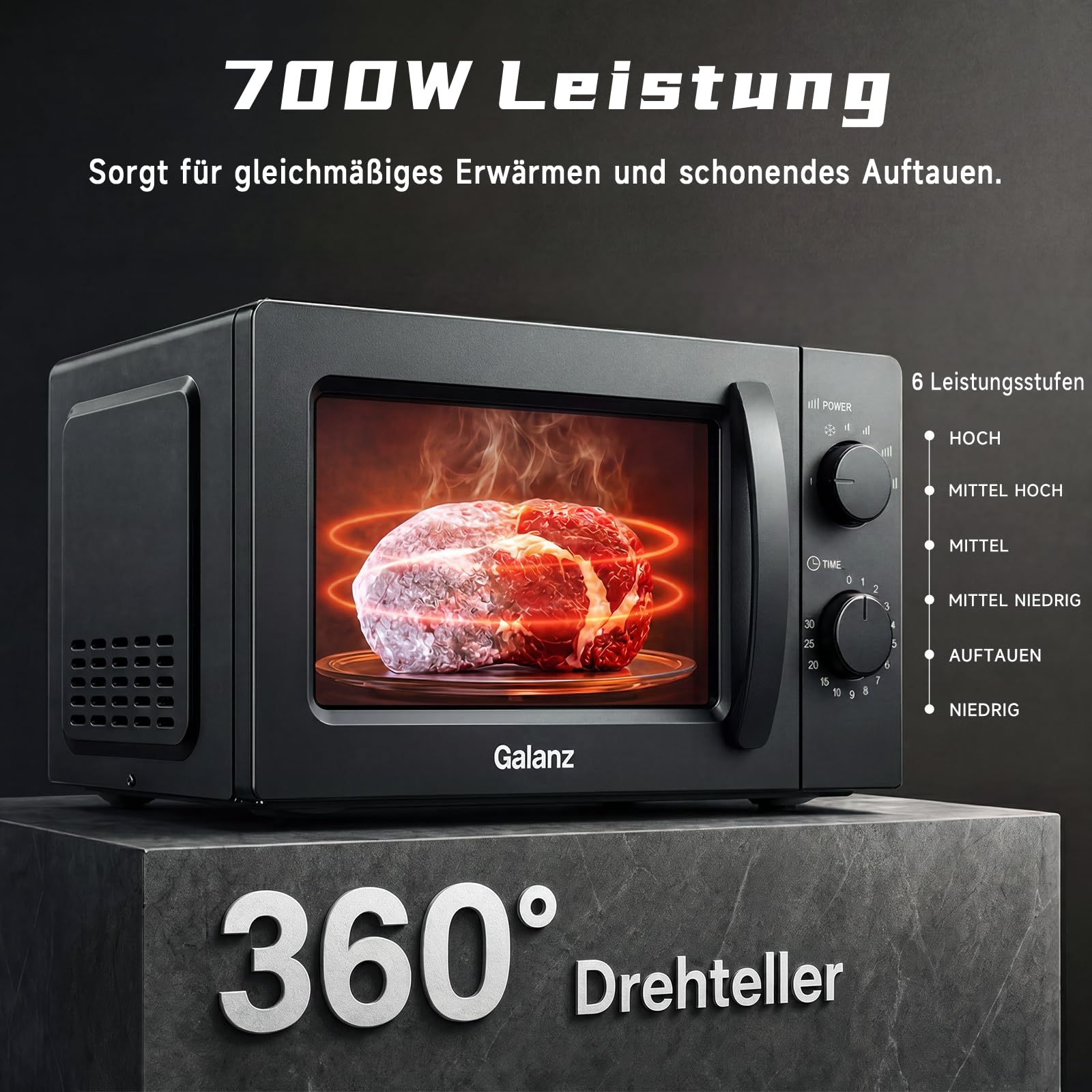Galanz Mikrowelle 20L 700W, Solo Mikrowellengerät mit Drehregler, 6 Leistungsstufen, Drehteller aus Glas & Sichtfenster, einfache Bedienung, Schwarz, P70J20J-P5