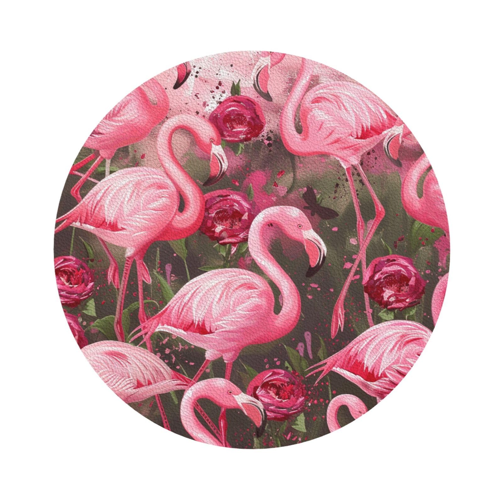 Flamingos Printed Coasters for Drinks, Leather Coaster Sets of 4, Funny Coffee Cup Coaster, Absorbent Coaster for Home and Office Kitchen Bar Round Shape