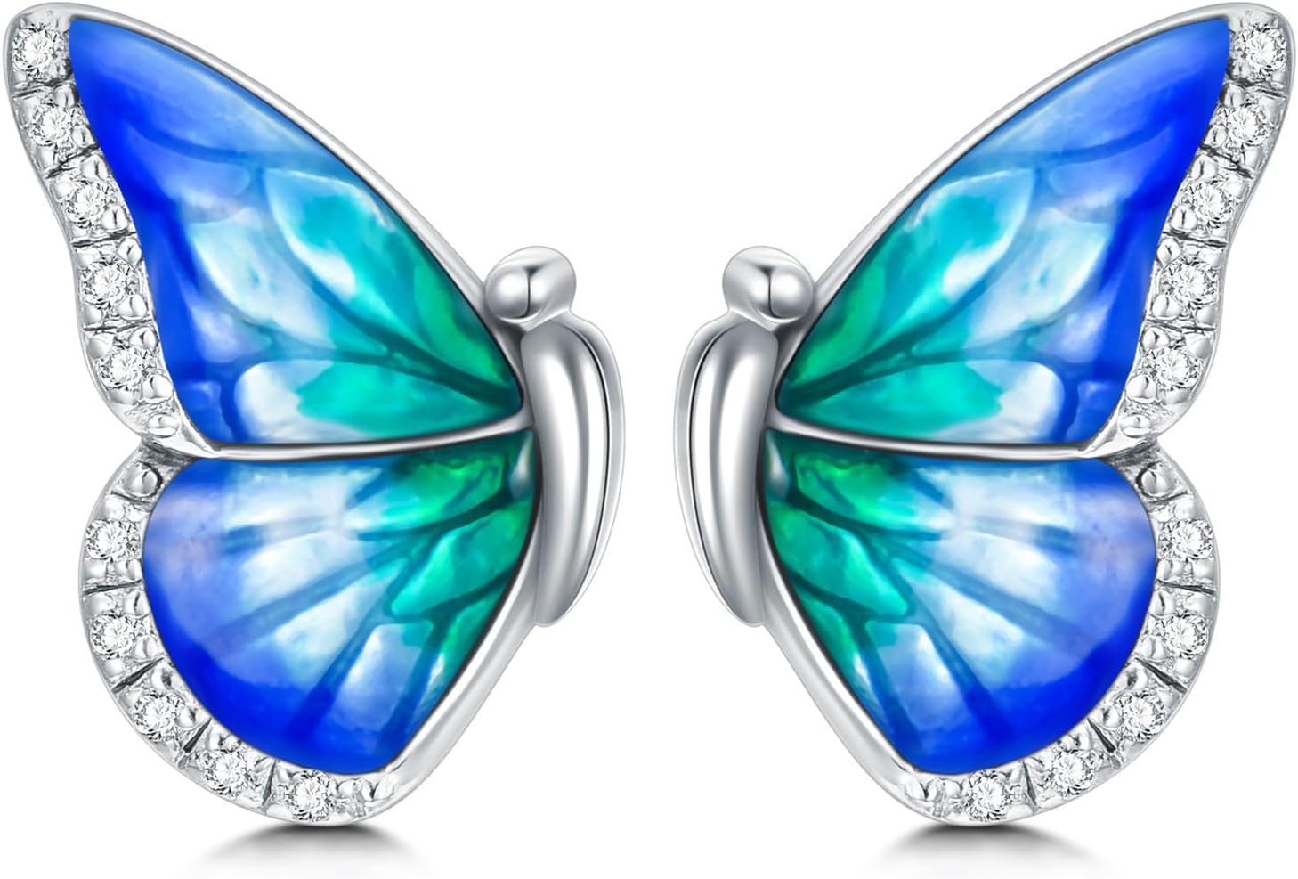 Diamond Butterfly Earrings Studs 925 Sterling Silver Lab Grown Diamond Enamel Blue Butterfly Earrings Jewelry Gifts for Women, D Color VVS Clarity