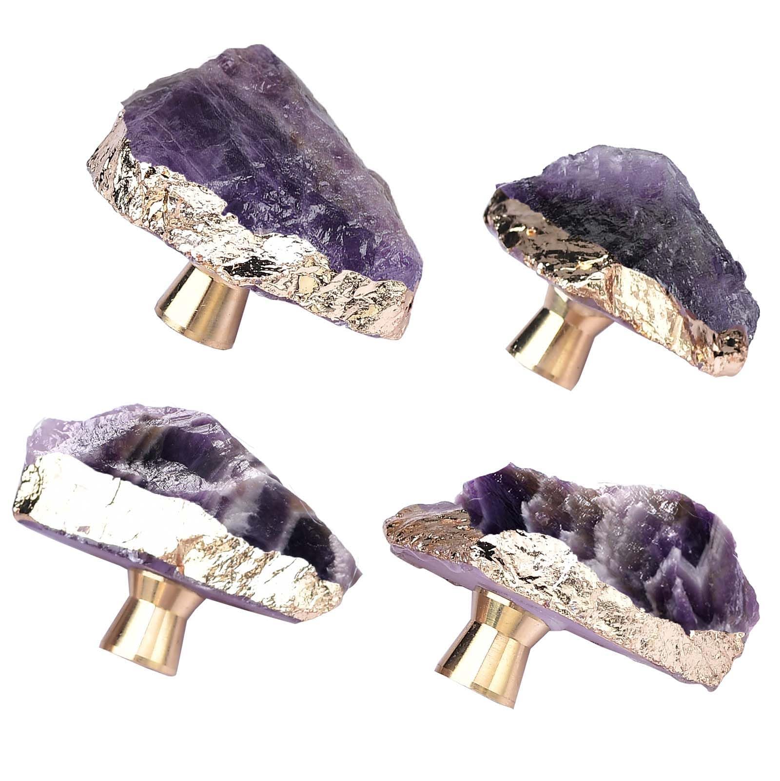 purple crystal dresser knobs FZBHRO Amethyst Drawer Cabinet Knobs Purple Crystal Stone Knobs Handles  Gold Plated Gemstone Cupboard Pulls Decorative for Home Office 4 Pack
