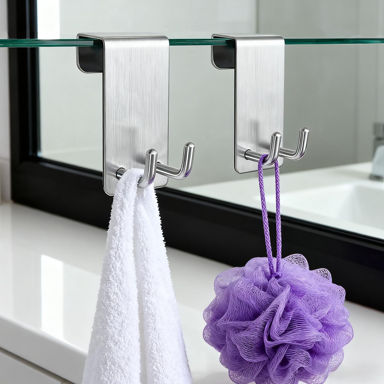 Godneei Stainless Steel Shower Hooks, Punch-Free Shower Screen Door Hooks, No Drilling Required - Image 2