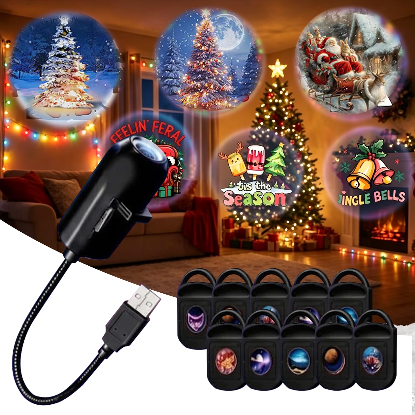 Dopyhmi Plug and Play HD Christmas Projector, Santa Claus Projection Night Light with 6/10 Christmas-Themed Scenes, 360° Rotating USB Powered Xmas Projector for Festive Decor (10PCS)