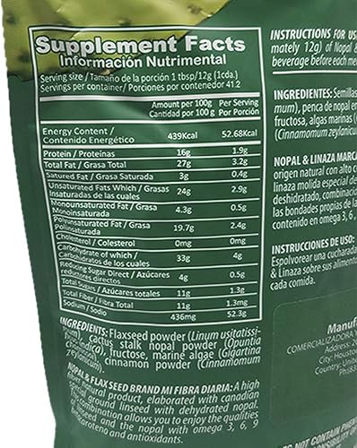Miniatura 3 de Nopal & Linaza. Suplemento dietético de fibra de semillas de cactus y lino de nopal. 17.6 oz.
