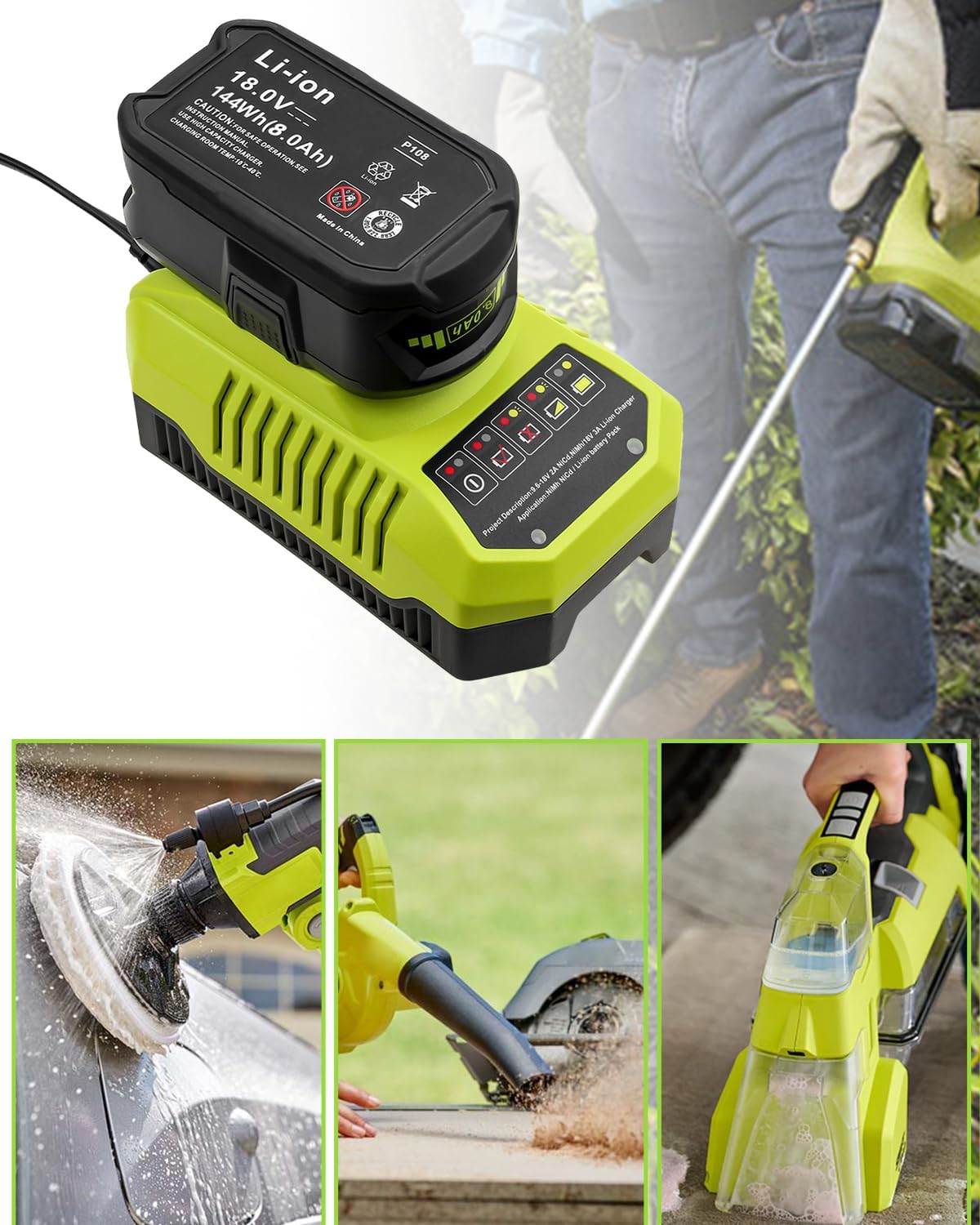 Upgraded 2Pack 8.0Ah Replacement for Ryobi 18V Battery and P117 Charger Combo Compatible with Ryobi ONE+ Battery and Charger P108 P102 P103 P104 P105 P107 P109 P122 and 18 Volt Cordless Tools