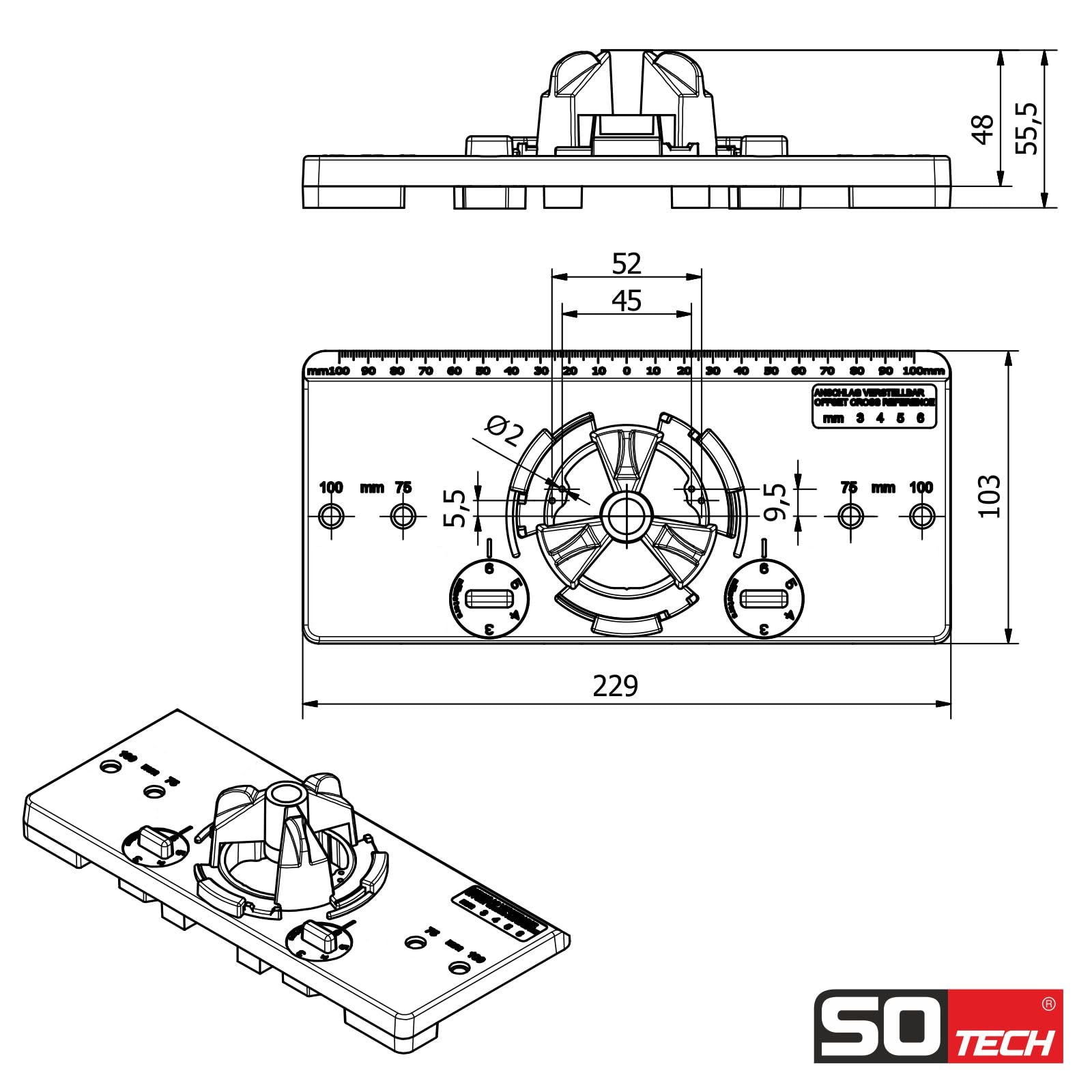 SOTECH Topfband-Bohrschablone mit Forstnerbohrer Ø 35 mm für SO-T45 Topfbänder mit einem Bohrlochabstand von 45 mm